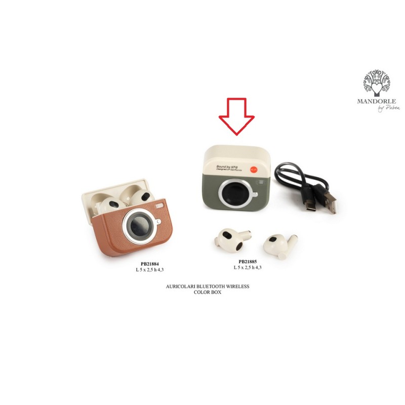 Bomboniera Matrimonio Comunione Compleanno Auricolari Bluetooth Fotocamera Retro Verde Con Box
