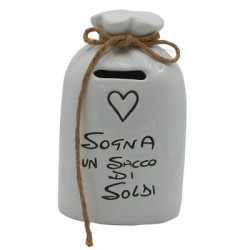 Bomboniera Battesimo Comunione Compleanno Salvadanaio Sacchetto Porcellana Bianco Con Box