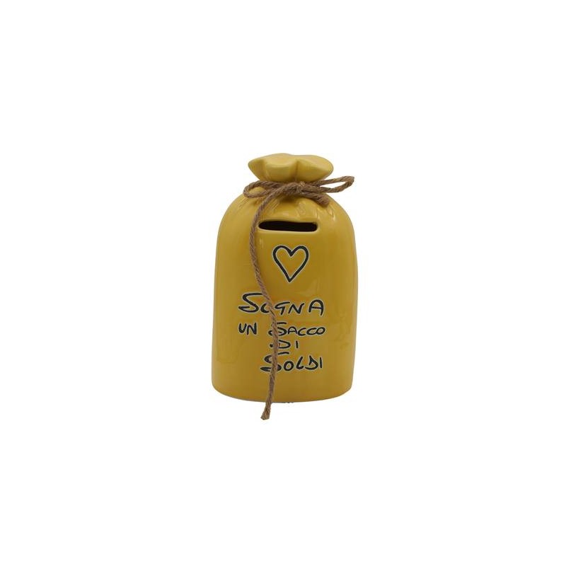 Bomboniera Battesimo Comunione Compleanno Salvadanaio Sacchetto Porcellana Giallo Con Box