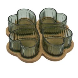 Bomboniera Matrimonio Set 4 Ciotoline Cuore Verde in Vetro  e Vassoio Bamboo