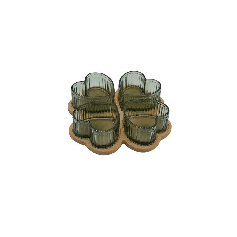 Bomboniera Matrimonio Set 4 Ciotoline Cuore Verde in Vetro  e Vassoio Bamboo