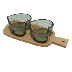 Bomboniera Matrimonio Set 2 Ciotoline Cuore Verde in Vetro e Vassoio Bamboo