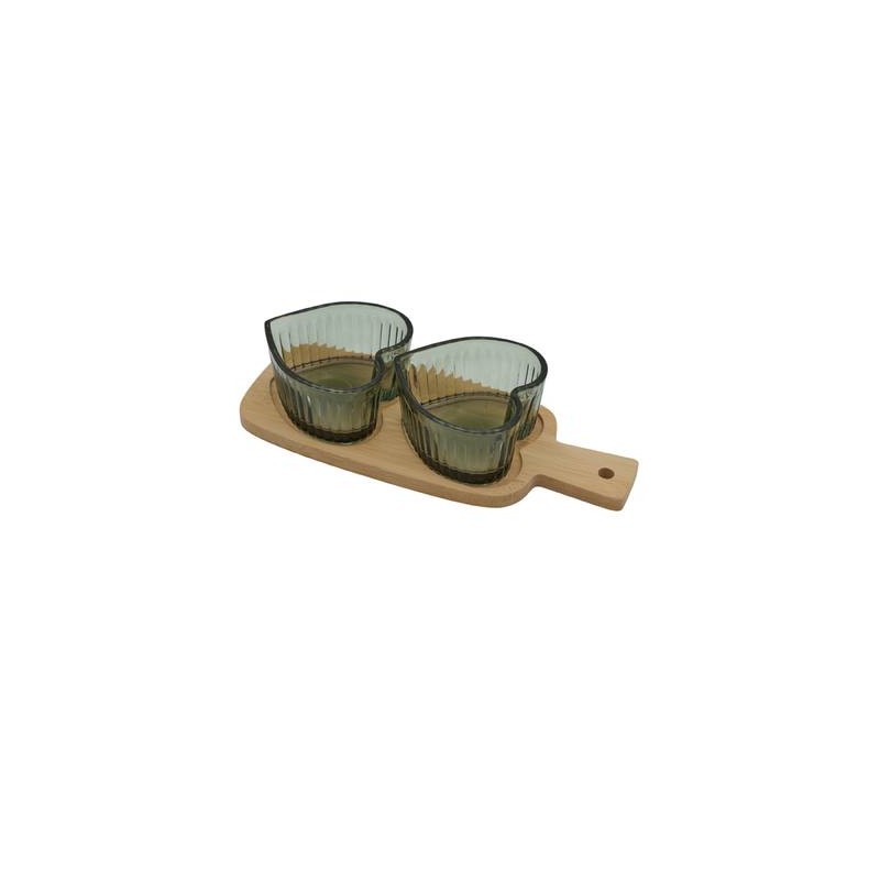 Bomboniera Matrimonio Set 2 Ciotoline Cuore Verde in Vetro e Vassoio Bamboo