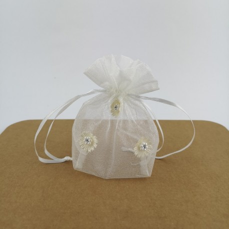 Sacchetto Portaconfetti in Tulle Bianco con Fiorelloni