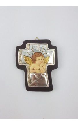 Crocetta Legno Con Angelo Resina Colorata Argento