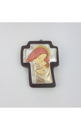 Croce Con Applicazione In Resina Argento Madonna Con Bambino