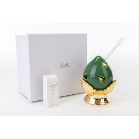 Bomboniera Matrimonio Diffusore Profumatore Pomo Pumo Porcellana Led Verde e Oro Con Box