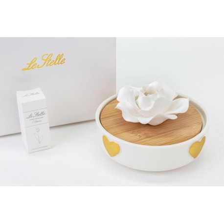 Bomboniera Matrimonio Profumatore Diffusore Fiore Cuori Oro Porcellana Con Box