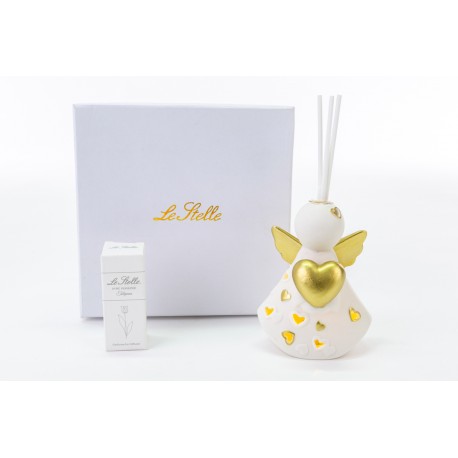 Bomboniera Battesimo Nascita Compleanno Profumatore Diffusore Angelo Led Porcellana Bianco e Oro Con Box