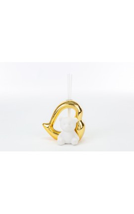 Bomboniera Battesimo Nascita Compleanno Profumatore Diffusore Orsetto Cuore Bianco e Oro Con Box