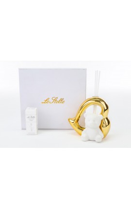 Bomboniera Battesimo Nascita Compleanno Profumatore Diffusore Orsetto Cuore Bianco e Oro Con Box