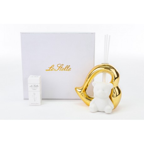 Bomboniera Battesimo Nascita Compleanno Profumatore Diffusore Orsetto Cuore Bianco e Oro Con Box