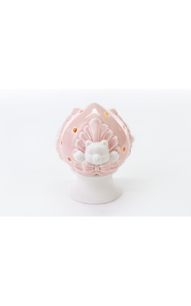 Bomboniera Battesimo Nascita Compleanno Pomo Orsetto Porcellana Portacandela Rosa h.13 Cm