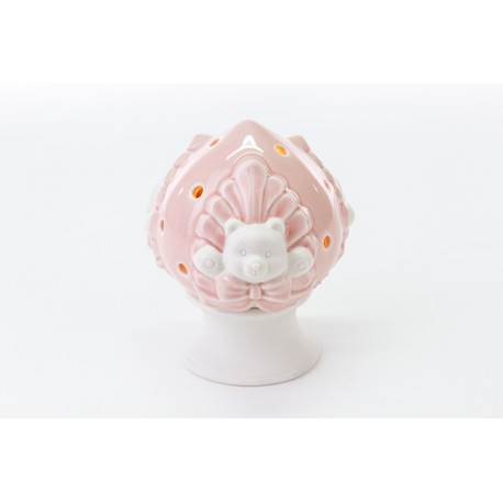 Bomboniera Battesimo Nascita Compleanno Pomo Orsetto Porcellana Portacandela Rosa h.13 Cm