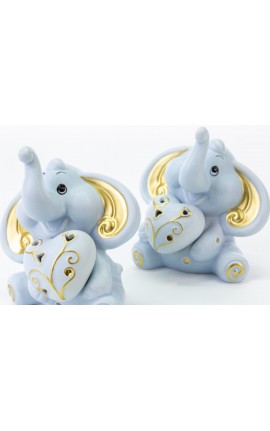 Bomboniera Battesimo Nascita Compleanno Elefantino Porcellana Led Celeste e Oro 2 Ass. h.11.5 Cm