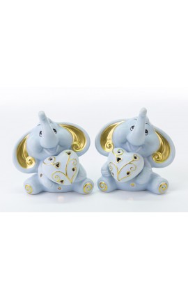 Bomboniera Battesimo Nascita Compleanno Elefantino Porcellana Led Celeste e Oro 2 Ass. h.11.5 Cm