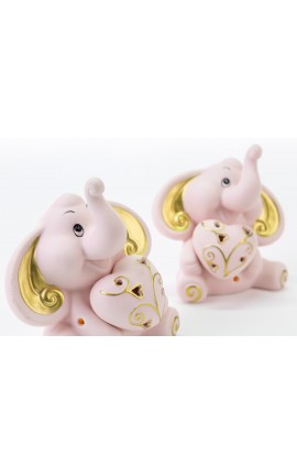 Bomboniera Battesimo Nascita Compleanno Elefantino Porcellana Led Rosa e Oro 2 Ass. h.11.5 Cm