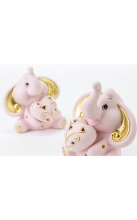 Bomboniera Battesimo Nascita Compleanno Elefantino Porcellana Led Rosa e Oro 2 Ass. h.11.5 Cm