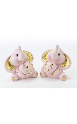 Bomboniera Battesimo Nascita Compleanno Elefantino Porcellana Led Rosa e Oro 2 Ass. h.11.5 Cm