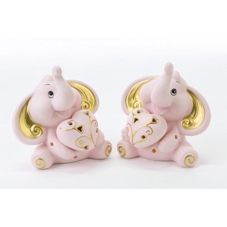 Bomboniera Battesimo Nascita Compleanno Elefantino Porcellana Led Rosa e Oro 2 Ass. h.11.5 Cm
